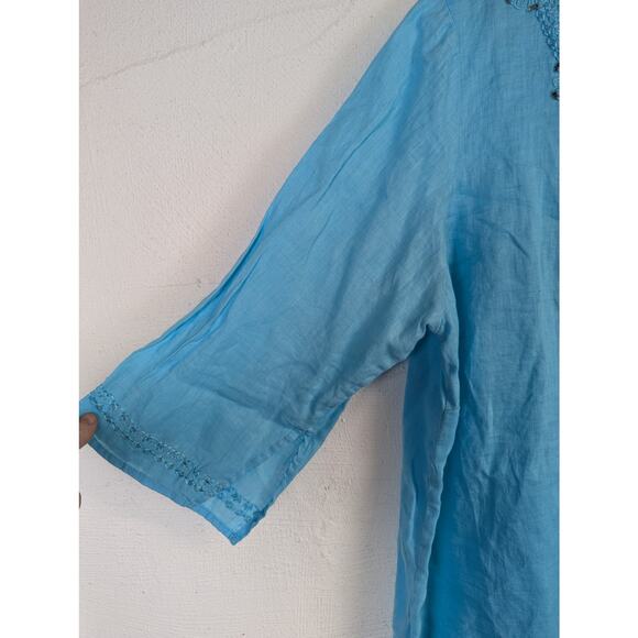 Beaded Boho Linen Tunic Blouse Womens 14 16 Aqua Blue Lagenlook Hippie Fairy - Picture 3 of 9